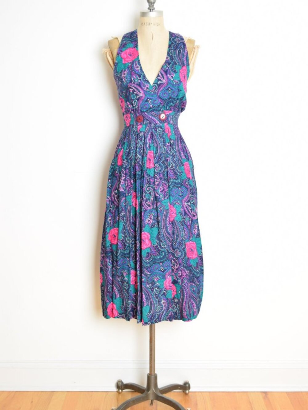 vintage 90s jumper dress navy roses floral paisley print midi tea length S